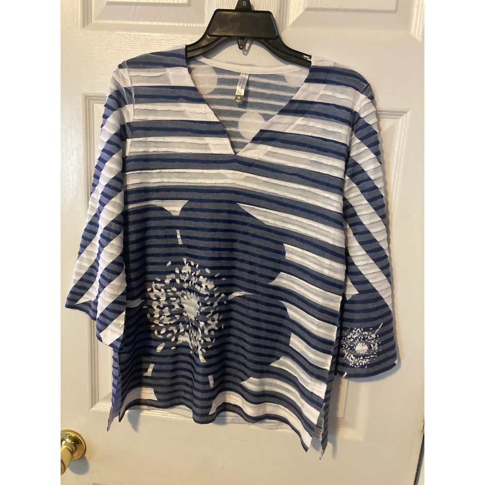 Whimsy Rose‎ Blue White Striped Floral Polka Dot V-Neck Top Medium American Made